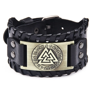 Viking Leather Bracelet Retro Nordic Valknut Rune Cowhide Alloy Metal Wristband Punk Ethnic Adjustable For Men Women