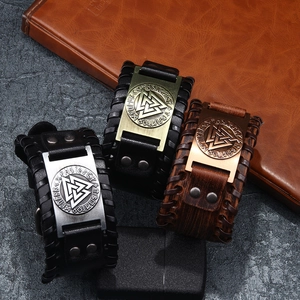 Vintage Viking leather bracelets with Valknut rune symbols in black and brown leather colors