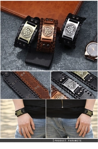 Macro detail of Viking leather bracelet with metal Valknut symbol and runic engravings