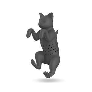 Gray silicone cat shaped tea infuser with strainer holes for loose leaf tea brewing