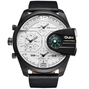 Montre à quartz pour hommes avec quatre fuseaux horaires, boussole et bracelet en cuir