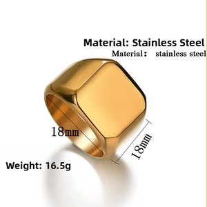 Detailed view of square gold signet ring with dimensions 18mm width and 16.5g weight