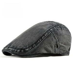 Detail of grey washed denim flat cap showing adjustable metal buckle and neat stitching