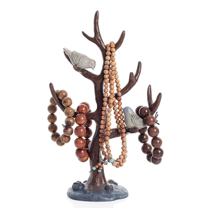 Nordic tree jewelry stand with birds for hanging necklaces and wooden bead bracelets