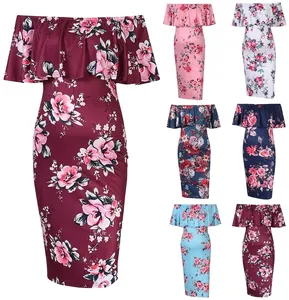 Robe Maternité Épaules Dénudées Imprimé Fleuri Volant Rose Moulante Coupe Ajustée Vêtements De Grossesse Élégants