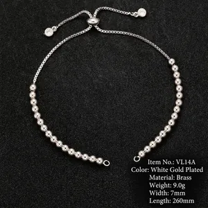 Adjustable silver brass bead chain bracelet with slider clasp and sparkling crystal charm