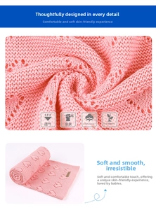 Detail of pink knitted baby blanket with hollow heart pattern and breathable texture