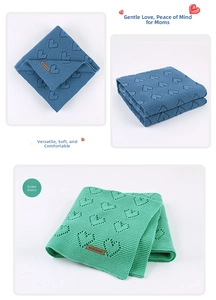 Detail of knitted baby blanket featuring hollow heart patterns and premium leather label