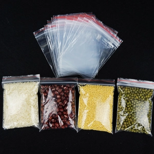 Detailed view of clear PE zip lock bags filled with various grains for moisture-proof storage