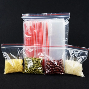 Detailed view of clear PE zip lock bags with red seals for grain storage and organization