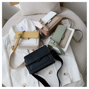 Detail view of stylish square crossbody bags in ginger, coffee, green, and black leather