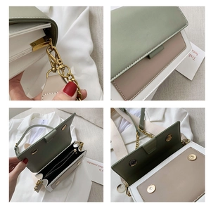 Detail of color-block patchwork flap bag showing gold chain strap and interior pockets