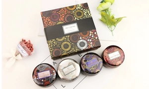 Aromatherapy soy candle set in tin cans with vintage patterns and elegant gift box