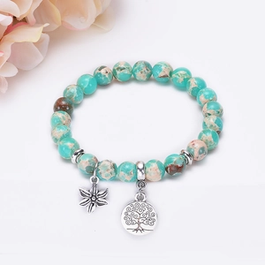 Amazonite and emperor stone beaded bracelet featuring tree of life and leaf silver charms