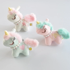 Cute Unicorn Plush Keychain Pendant Soft Stuffed Toy With Imitation Artificial Pearl Necklace Alloy Hook For Bag Charm Decor