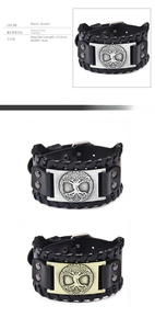 Detail view of leather punk bracelet with Tree of Life metal emblem and size specs
