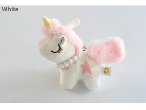Close-up of white plush unicorn keychain with pearl necklace and pink star embroidery