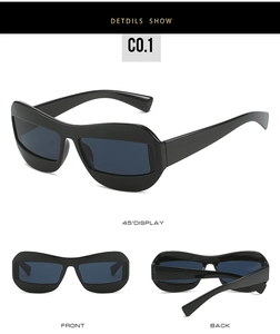 Detailed views of black cat-eye sunglasses with wide temples and integrated nose pads