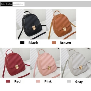 Color display of mini shell backpacks in black, brown, red, pink, and gray faux leather