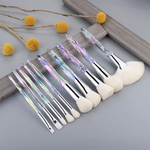 Detail of 10-piece makeup brush set with crystal handles and soft white bristles