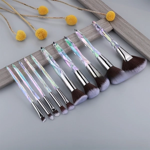 Detail of 10pcs crystal makeup brush set with diamond handles and purple gradient bristles