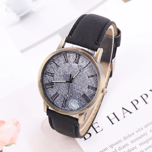 Retro bronze quartz watch with Roman numerals and black denim pattern leather strap