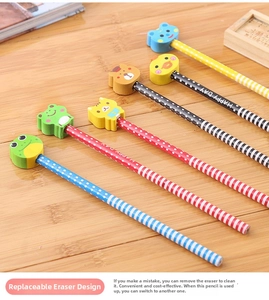 Close-up of children's HB pencils featuring removable colorful cartoon animal erasers