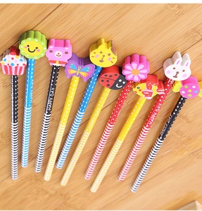 Detail of colorful HB pencils featuring various cartoon erasers and Happy Day patterns