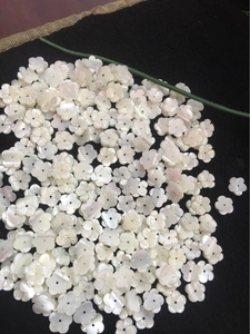 Detailed macro view of 10mm white shell flower beads for DIY jewelry making
