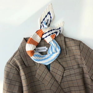 Fashionable Pleated Satin Square Scarf For Women Korean Style Geometric Stripe Printed Decorative Soft Neck Scarf For Daily Wear