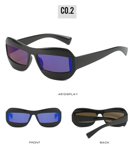 Detailed three-view of cat-eye sunglasses with black frame and blue-purple polar lenses