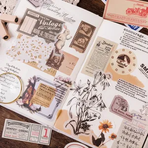 Set de stickers vintage avec fleurs et vieux papiers pour la papeterie créative