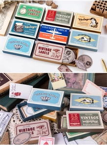 Gros plan sur des autocollants vintage en boîte d'allumettes et étiquettes rétro décoratives