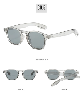 Detail view of transparent grey sunglasses showing 45 degree angle front and back views