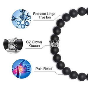 Matte black crown bracelet with silver CZ zircons and negative ion properties for pain relief