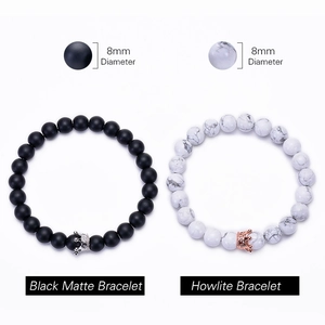 Natural white turquoise and black matte distance crown bracelets with 8mm beads for couples