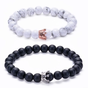 Natural Stone Beaded Bracelet Crown Charm White Howlite Matte Black Agate Distance Jewelry Handmade For Couples