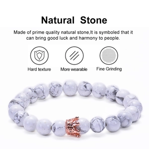 Natural white turquoise bead bracelet with crown charm and smooth marble texture