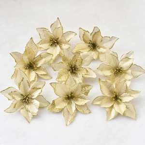 Golden 13cm artificial Christmas poinsettia flowers with glitter for tree decoration