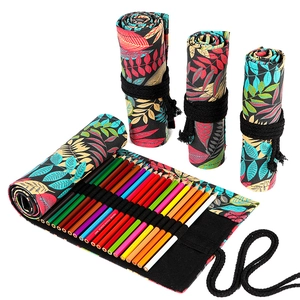 Canvas roll-up pencil case with leaf pattern for storing colored pencils