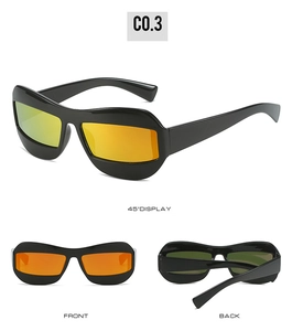 Three views of black sports sunglasses with orange mirrored polarized lenses
