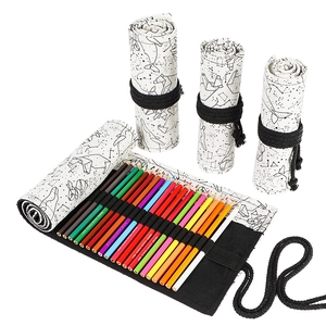 Patterned canvas roll-up pencil case for colored pencils with various slots and secure tie