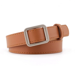 Brown leather belt with square metal buckle in minimalist style on a white background