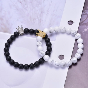 8mm white turquoise and matte black stone couple bracelets with zircon crown charms