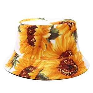 3D sunflower print reversible bucket hat in white cotton for summer sun protection