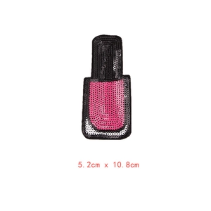 Pink and black sequined nail polish bottle embroidery patch for DIY clothing, 5.2x10.8cm