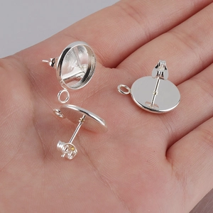 Silver plated stainless steel earring stud bases with hanging loops for DIY jewelry