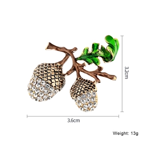 Sparkling acorn and hazelnut brooch with green enamel leaves and clear crystals