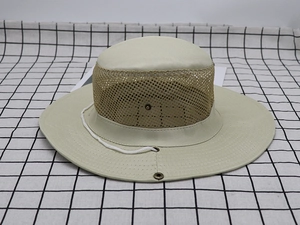 Detail of khaki sun hat featuring breathable mesh top and adjustable white drawstring
