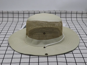 Detail of khaki sun hat with wide brim, mesh vents, and adjustable windproof rope